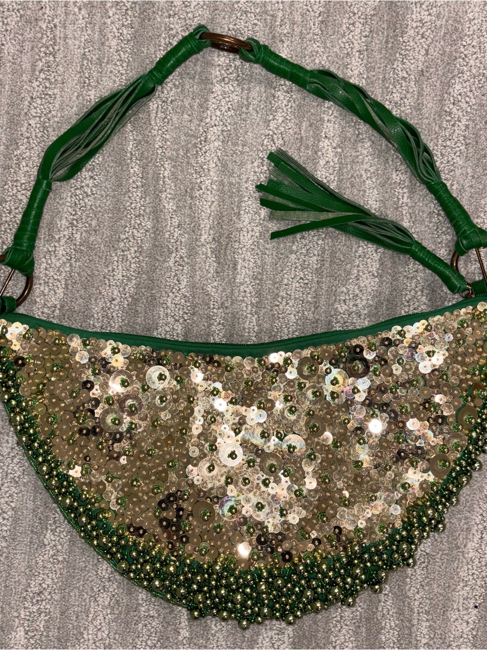 Y2K Far Nine Beaded Sequin Hobo Bag Green Gold Boho Vintage Fairy